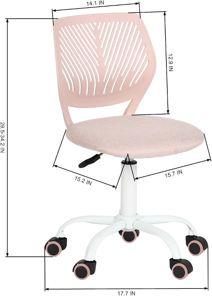 Armless Home Office Desk Chair, Colorful Task Chair with Soft Mesh Padded Cushion, Height Adjustable Swivel Study Computer Chair for for Girls Boys Teens (Pink Ⅰ, 1PC)