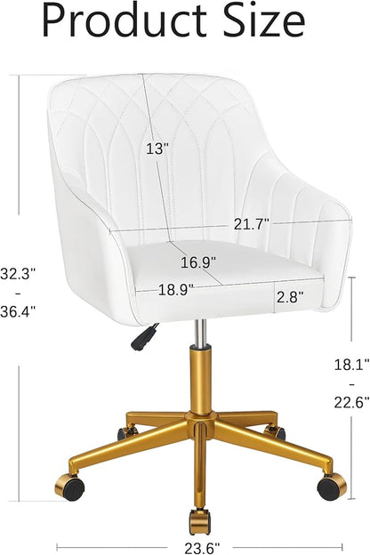 VECELO Modern PU Swivel Home Office Desk Chair with Back & Rolling Wheels, Adjustable Seat Height for Girls Women Bed Room Vanity Makeup/Task/Computer Work, White