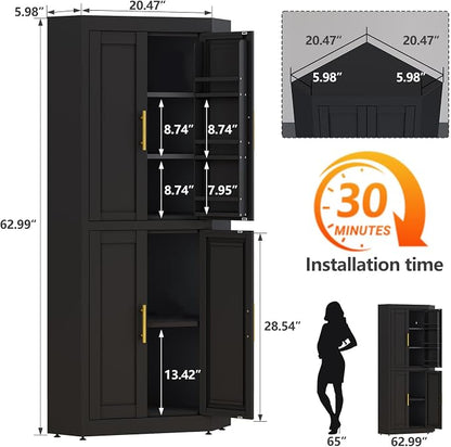 GAIOUS 63" Tall Metal Corner Kitchen Pantry Cabinet, Steel Storage Cabinets with 4 Doors and 3 Shelves, Kitchen Food Cabinets with 6 Door Panel Shelves, Farmhouse Cupboard for Kitchen Dining, Black