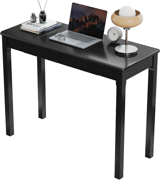 Solid Wood Desk with Drawers - 39 x 16 Inch Simple Narrow Desks, Rubber Wood Study Table, Small Writing Desk for Small Spaces|Bedroom - Modern Black Desks