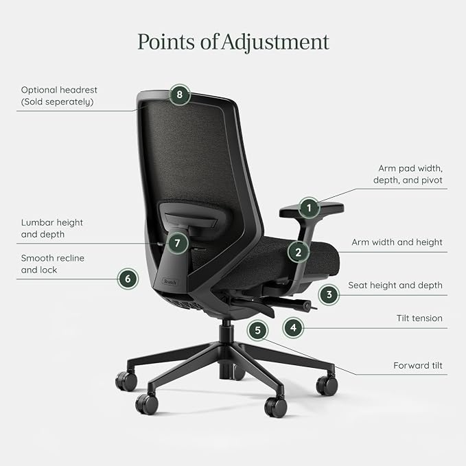 Branch Ergonomic Chair Pro - Mesh Office Chair with 14 Points of Adjustment - Height, Depth & Tilt Adjustable - 5D Armrests - Forward Tilt, Smooth Recline, and Lumbar Support - Black Boucle