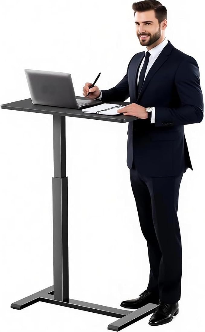 Overbed Bedside Table with Wheels,Rolling Standing Desk Adjustable Height,Pneumatic Mobile Laptop Desk Computer Cart,Rolling Side Table for Home Office,Classroom,Black