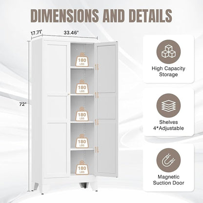 Yizosh Metal Pantry Cabinet,- 72" White Kitchen Pantry Storage Cabinet with Doos and Adjustable Shelves for Kitchen, Living Room,Dining Room,Home
