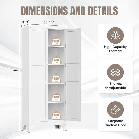 Yizosh Metal Pantry Cabinet,- 72" White Kitchen Pantry Storage Cabinet with Doos and Adjustable Shelves for Kitchen, Living Room,Dining Room,Home