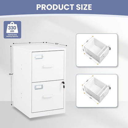 2-Drawer File Cabinet with Lock, Small Filing Cabinet Organizer for Hanging A4/Letter/Legal Size Folder, Under Desk Vertical Filing Cabinets for Home Office, Printer Stand, White