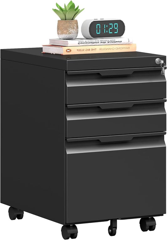 3 Drawer Mobile File Cabinet with Lock, Metal Filing Cabinet, Under Desk Rolling Small Filing Cabinet with Wheels for Home Office Storage, Fits Legal/A4/Letter/Document Size, Required Assembly, Black