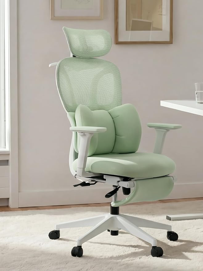 CabLady S1 High Back Ergonomic Mesh Office Chair with Footrest, 300 lbs | 115° Recline Lock, Adjust Seat Depth, 2D Arms, 3D Headrest, Detachable Lumbar Support, Breathable Mesh, BIFMA, Green