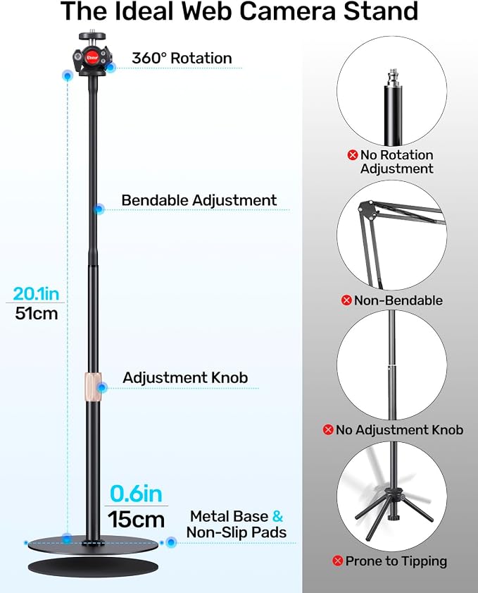 Webcam Tripod Stand with Phone Holder, Gooseneck Arm with 360° Ballhead for Desktop & Overhead Recording, Compatible with Logitech Cam C920 C922 C930e C960 C615 BRIO NexiGo N60 with 1/4'' Thread