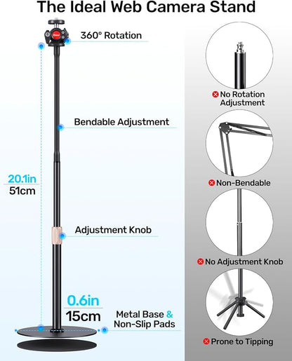 Webcam Tripod Stand with Phone Holder, Gooseneck Arm with 360° Ballhead for Desktop & Overhead Recording, Compatible with Logitech Cam C920 C922 C930e C960 C615 BRIO NexiGo N60 with 1/4'' Thread