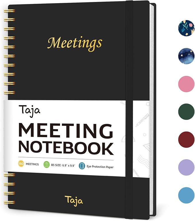 Meeting Notebook for Work Organization - Work Planner Notebook with Action Items, Agenda Planner for Note Taking, 160 Pages (6.9" X 9.9") Project Organizer for Men & Women - Black 1