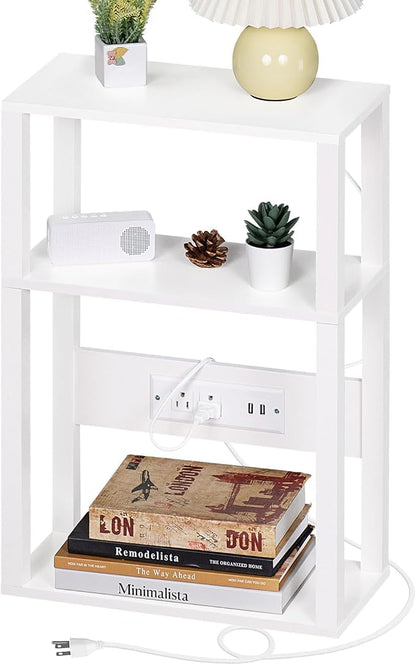YUFAM 3-Tier Small Narrow Wood Side Table with Charging Station, Skinny Nightstand for Small Space, Slim Bedside Table with Storage for Couch, Thin End Table with USB Ports and Outlets, White