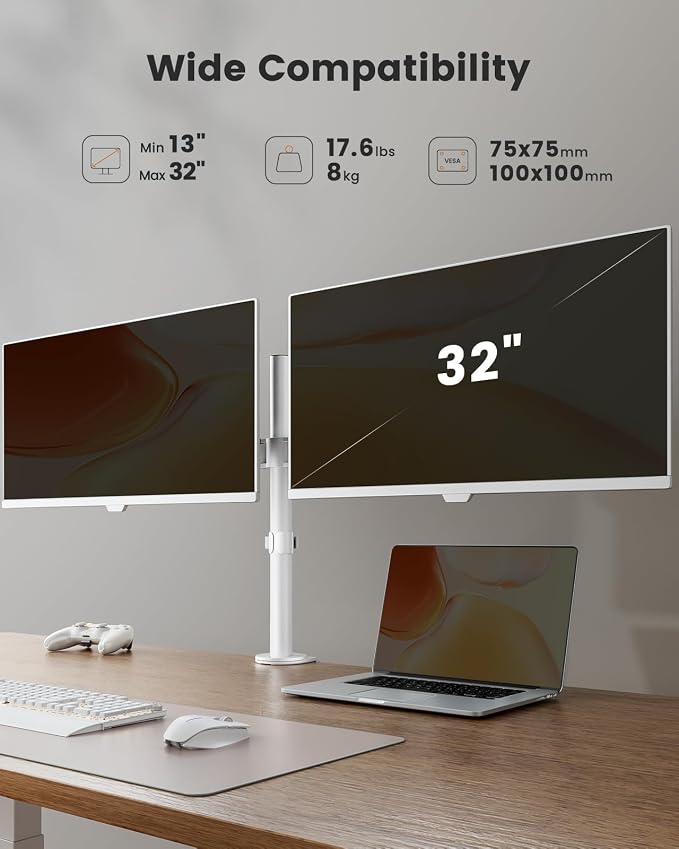 ErGear Fully Adjustable Dual Monitor Mount for 2 Screens up to 32 Inches, Holds up to 17.6 lbs Each Arm, Desk Stand, White