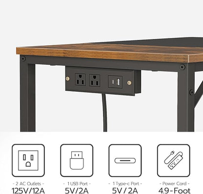 HOOBRO Computer Desk, Home Office Desk with Power Outlet, Modern Study Writing Desk with 3 Hooks for Study Room, Home Office, Sturdy and Stable, Easy to Assemble, Rustic Brown and Black BF40UDN01