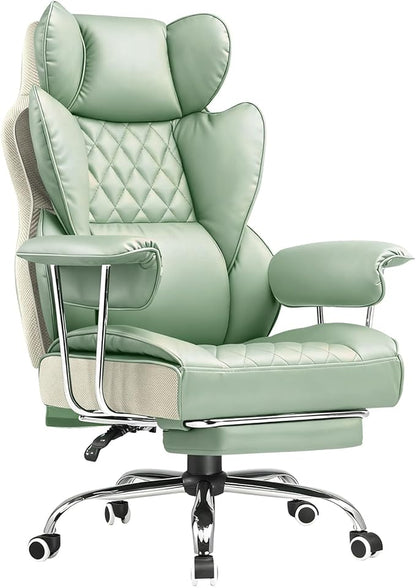 COMHOMA Big and Tall Office Chair, High Back Leather Gaming Chair with Footrest, Executive Ergonomic Office Chairs with Pocket Spring Lumbar Support and with Outward Fixed Soft Armrests