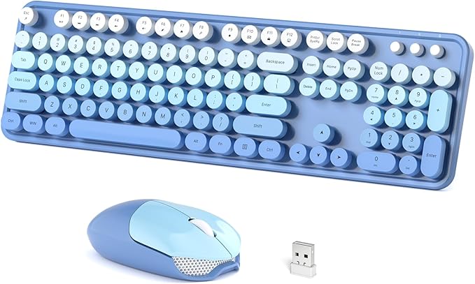 Dilter Wireless Keyboard Mouse Combo, Typewriter Full Size Keyboard with Number Pad and 2 in 1 USB Connected Mouse for Windows 7/8/10, Laptop, Desktop, PC, Computer (Blue)