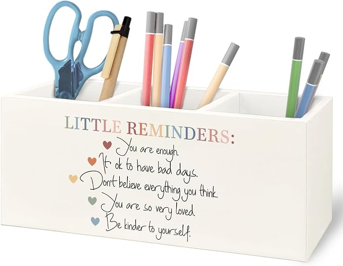 Little Reminders Mental Health Wooden Pen Pencil Holder for Office Desk Accessories, Therapist Gifts, Mental Health Positive Affirmations Makeup Brush Toothbrush Holder Organizer