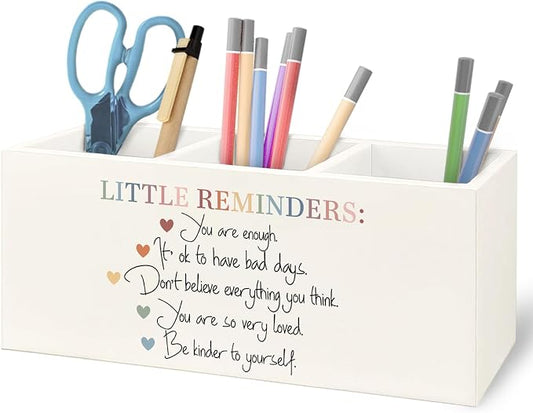Little Reminders Mental Health Wooden Pen Pencil Holder for Office Desk Accessories, Therapist Gifts, Mental Health Positive Affirmations Makeup Brush Toothbrush Holder Organizer