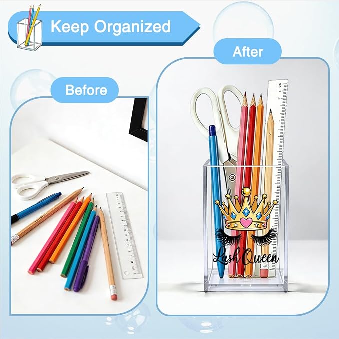 Lash Queen Acrylic Pen Holder, Funny Crown Eyelash Makeup Brush Holder Desk Pencil Cup Organizer, Lash Tech Office Decor Gifts for Women Esthetician Cosmetologist Makeup Artist Salon Owner