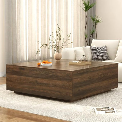 47 Inch Large Square Coffee Table with Storage,Modern Wooden Coffee Tables with 2 Drawers Storage for Living Room,Mid Century Tea Table/Aesthetic Coffee Table Center Table for Home Office(Walnut)