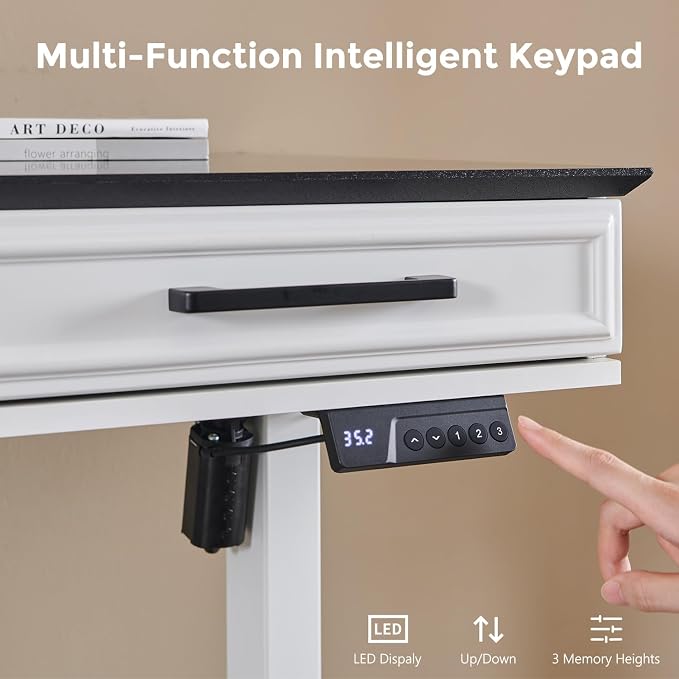 Electric Standing Desk with 3 Storage Drawers, 55x22 Inch Wood Adjustable Height Computer Desk w/One-Piece Desktop, Sit to Stand Up,Power Outlets, Gaming Table for Home Office and Study, White