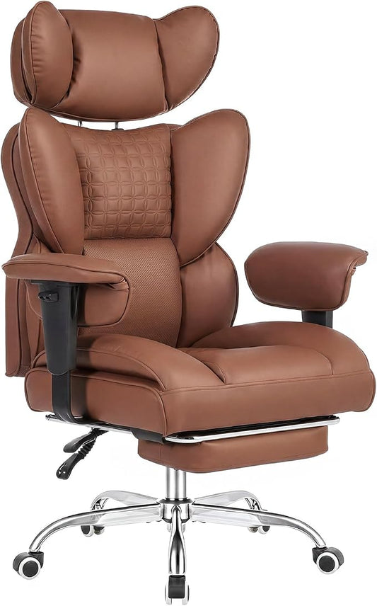 DUMOS Big and Tall Home Office Desk Chair, Ergonomic Executive Chair with Footrest, Computer Gaming Chairs with High Back Reclining, Adjustable Armrests and Comfy Lumbar Support, PU Leather, Brown