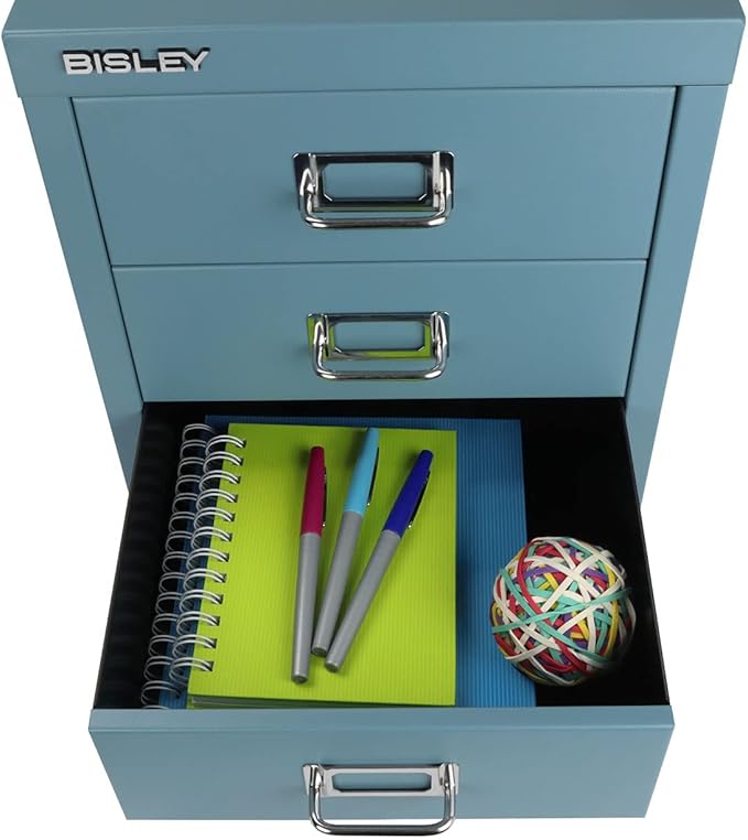 Bisley 3-Drawer Steel MultiDrawer Cabinet - Doulton Blue | Chrome Pull Handles with Label Holders, Powder-Coated Steel, Removable Drawers, Desktop Storage, Labels Included