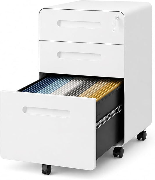SAWJEC 3 Drawer File Cabinet with Lock, Rolling Under Desk Printer Stand, 23" H x 18" D x 16" W, Fully Assembled for Legal/Letter, White