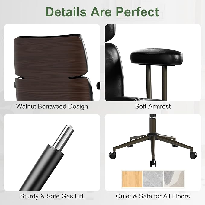 Mid-Century Modern Ergonomic Office Chair,Mid Back Faux Leather Executive Desk Chair with Walnut Bentwood,Tufted Adjustable Swivel Computer Chair for Home Office,Black