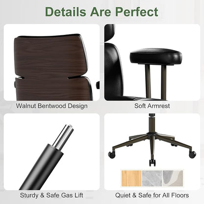 Mid-Century Modern Ergonomic Office Chair,Mid Back Faux Leather Executive Desk Chair with Walnut Bentwood,Tufted Adjustable Swivel Computer Chair for Home Office,Black