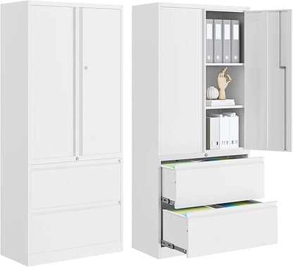 PEUKC 2-Drawer Metal File Cabinet, Lateral Vertical Filing Cabinets for Home Office, Locking File Cabinet with Storage Shelves, Legal/Letter/A4 Size (White, Assemble Required)