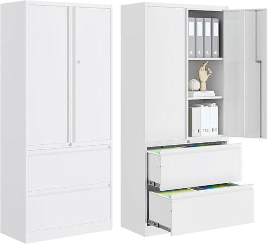 PEUKC 2-Drawer Metal File Cabinet, Lateral Vertical Filing Cabinets for Home Office, Locking File Cabinet with Storage Shelves, Legal/Letter/A4 Size (White, Assemble Required)