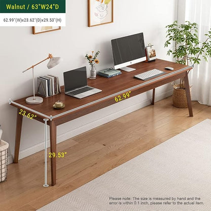 NELYE Mid-Century Long Desk Table - 63" Simple Modern Extra Long 2-Person Wood Computer Workstation for Home Office Work in Walnut, 63" W x 24" D