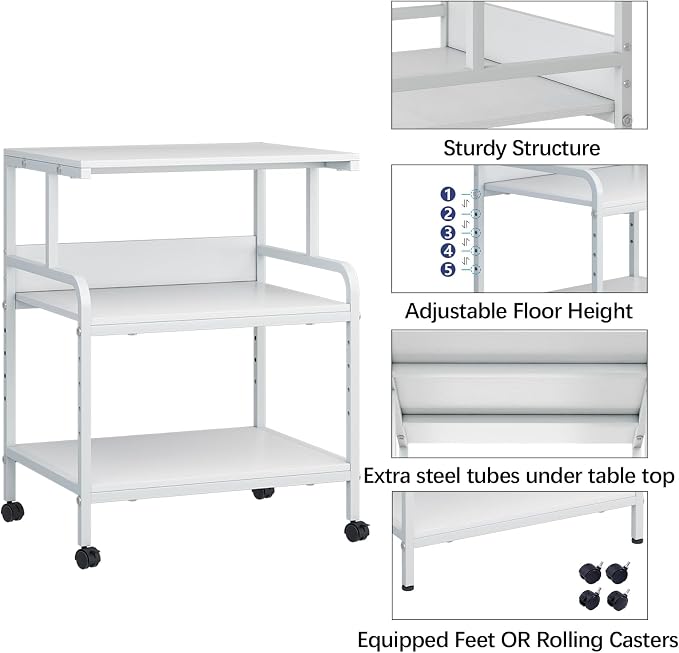 Arbuxzuy Large Printer Stand with Storage Shelf, 23.6" W x 18.9" D Printer Cart with Wheels, 3 Tier Mobile Printer Table for Home Office,Stands for Heat Press Scanner Fax (White)