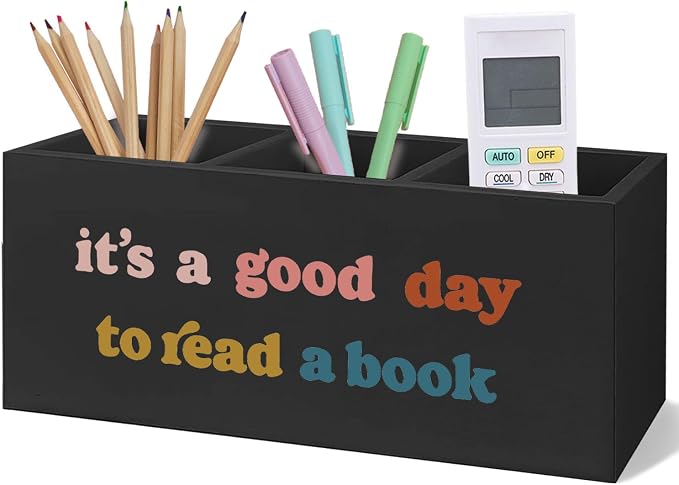 Black Wooden BookmarkPen Pencil Holder Decor for Desk, Book Lover Gifts, It's a Good Day to Read a Book Wood Makeup Brush Toothbrush Holder Organizer for Reading Corner Room Library