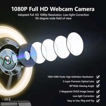 Webcam Computer Camera 1080P with Dual Microphone Adjustable Right Light Web cam for PC Advanced Auto-Focus with Tripod Zoom Streaming Camera Gaming Webcam for Facebook YouTube Xbox Streamer