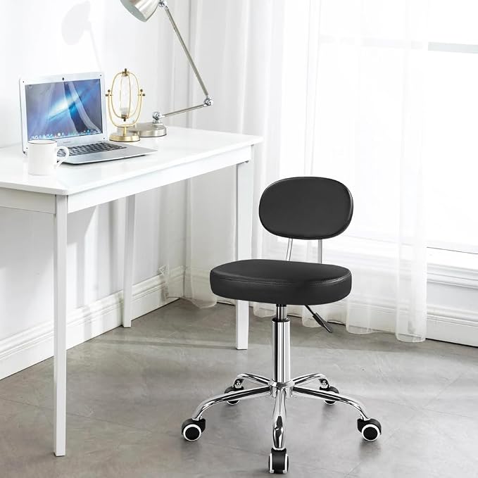 KKTONER Home Office Chair Rolling Stool with Wheels Adjustable Height Work Stool Chair Matte PU Leather Armless Office Chair with Backrest for Home Computer Desk Bedroom Black