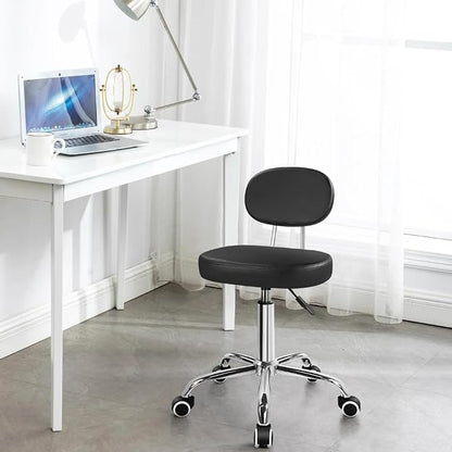 KKTONER Home Office Chair Rolling Stool with Wheels Adjustable Height Work Stool Chair Matte PU Leather Armless Office Chair with Backrest for Home Computer Desk Bedroom Black