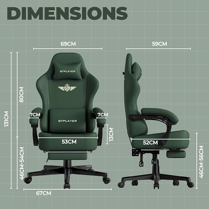 GTPLAYER Big and Tall Gaming Chair 400lbs Heavy Duty Office Chair with Footrest, High Back Pocket Spring Ergonomic Computer Chair for Adults, Wide Seated Cushion with Linkage Armrests, Leather Green