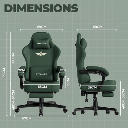 GTPLAYER Big and Tall Gaming Chair 400lbs Heavy Duty Office Chair with Footrest, High Back Pocket Spring Ergonomic Computer Chair for Adults, Wide Seated Cushion with Linkage Armrests, Leather Green