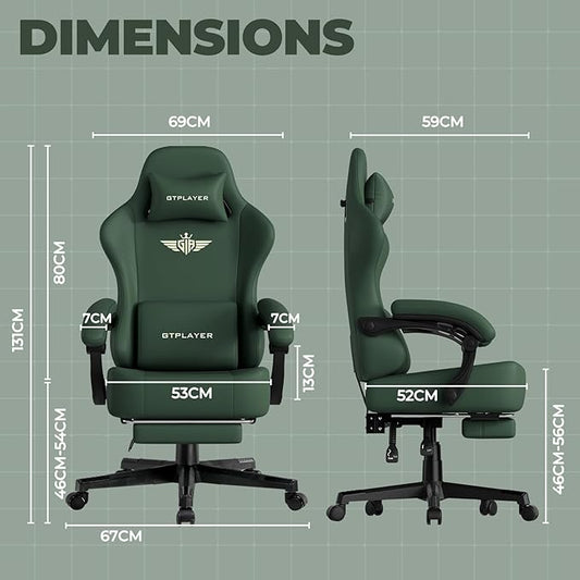GTPLAYER Big and Tall Gaming Chair 400lbs Heavy Duty Office Chair with Footrest, High Back Pocket Spring Ergonomic Computer Chair for Adults, Wide Seated Cushion with Linkage Armrests, Leather Green