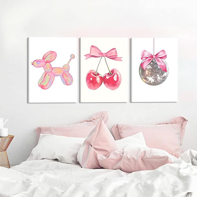 Trendy Pink Bows Canvas Wall Art Set of 3, Vintage Preppy Cherry Disco Ball Posters Wall Decor, Pink Girly Room Aesthetic Painting Prints for College Apartment Living Room Bedroom 12x16 In Framed