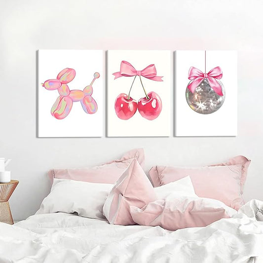 Trendy Pink Bows Canvas Wall Art Set of 3, Vintage Preppy Cherry Disco Ball Posters Wall Decor, Pink Girly Room Aesthetic Painting Prints for College Apartment Living Room Bedroom 12x16 In Framed