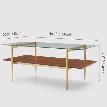 LumFurn Rectangle Coffee Table, Mid-Century Modern Design, L41 W21 x H17, for Living Room, 2-Tier Structure, Clear Glass Top and Walnut MDF Shelf, Sleek Conical Metal Legs with Gold Finish