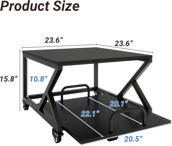 Natwind 2 Tier Printer Stand,23.6''x23.6'',with Pull Out Shelf,Black | Easy Reach for Lower Shelf Items,Rolling Printer Cart with Wheels,Fits Under Desk,Supports 205lbs,for Home Office Kitchen