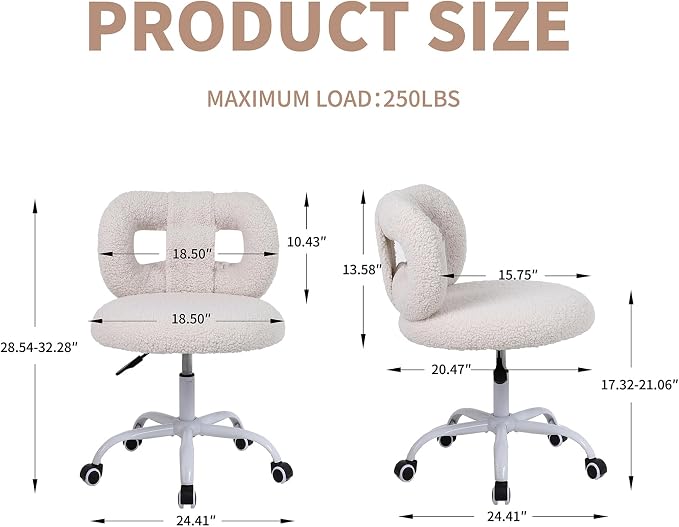 Modern Faux Cashmere Home Office Chair, Height Adjustable Desk Chair with Back and Wheels for Living Room, Swivel Make-up Vanity Armless Chairs for Girls and Women (1, Cream)