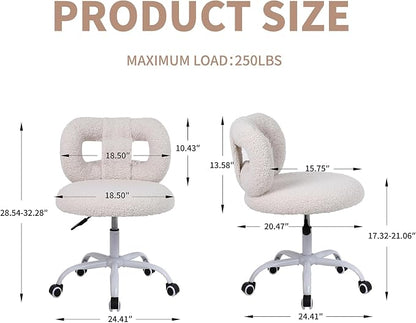 Modern Faux Cashmere Home Office Chair, Height Adjustable Desk Chair with Back and Wheels for Living Room, Swivel Make-up Vanity Armless Chairs for Girls and Women (1, Cream)
