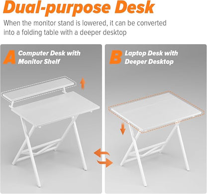 WOHOMO Folding Computer Desk with Adjustable Height, 23.6" x 31.5" x 25.6" Foldable Table with Monitor Stand, Small Office Desk for Bedroom, Space Saving Desk for Home Office, Easy Assemble, White