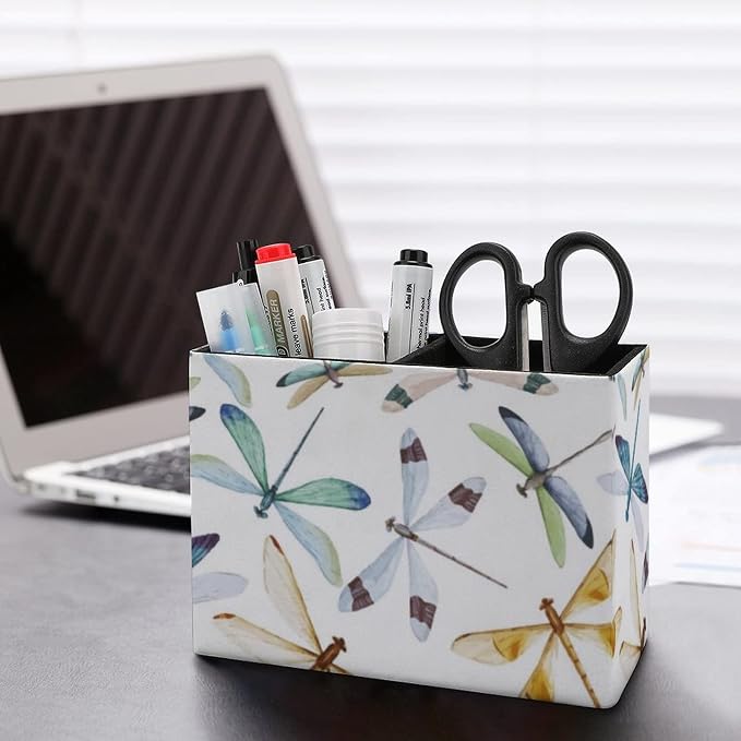 Niapessel Pencil Holder for Desk, Watercolor Dragonfly Pen Holder Storage Desktop Pen Organizer Desk Pencil Organizer Makeup Brush Holder for Office School College Leather