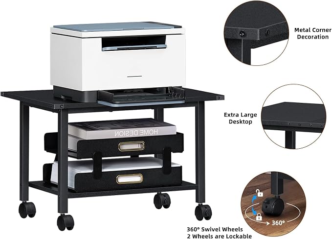 Lerliuo Under Desk Printer Stand, 2-Tier Industrial Mobile Printer Table with Storage Shelf and Steel Frame, Rolling Printer Cart Holder with Lockable Wheels for Home, Office (Black)