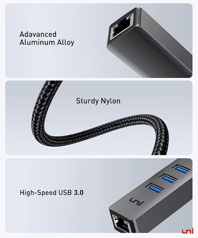 uni USB to Ethernet Adapter, USB 3.0 Hub with 100/1000 Mbps RJ45 Ethernet Driver Free, Sturdy Aluminum 4-in-1 USB-A to LAN Network Adapter Compatible with iMac, PC, Chromebook Laptops, and More